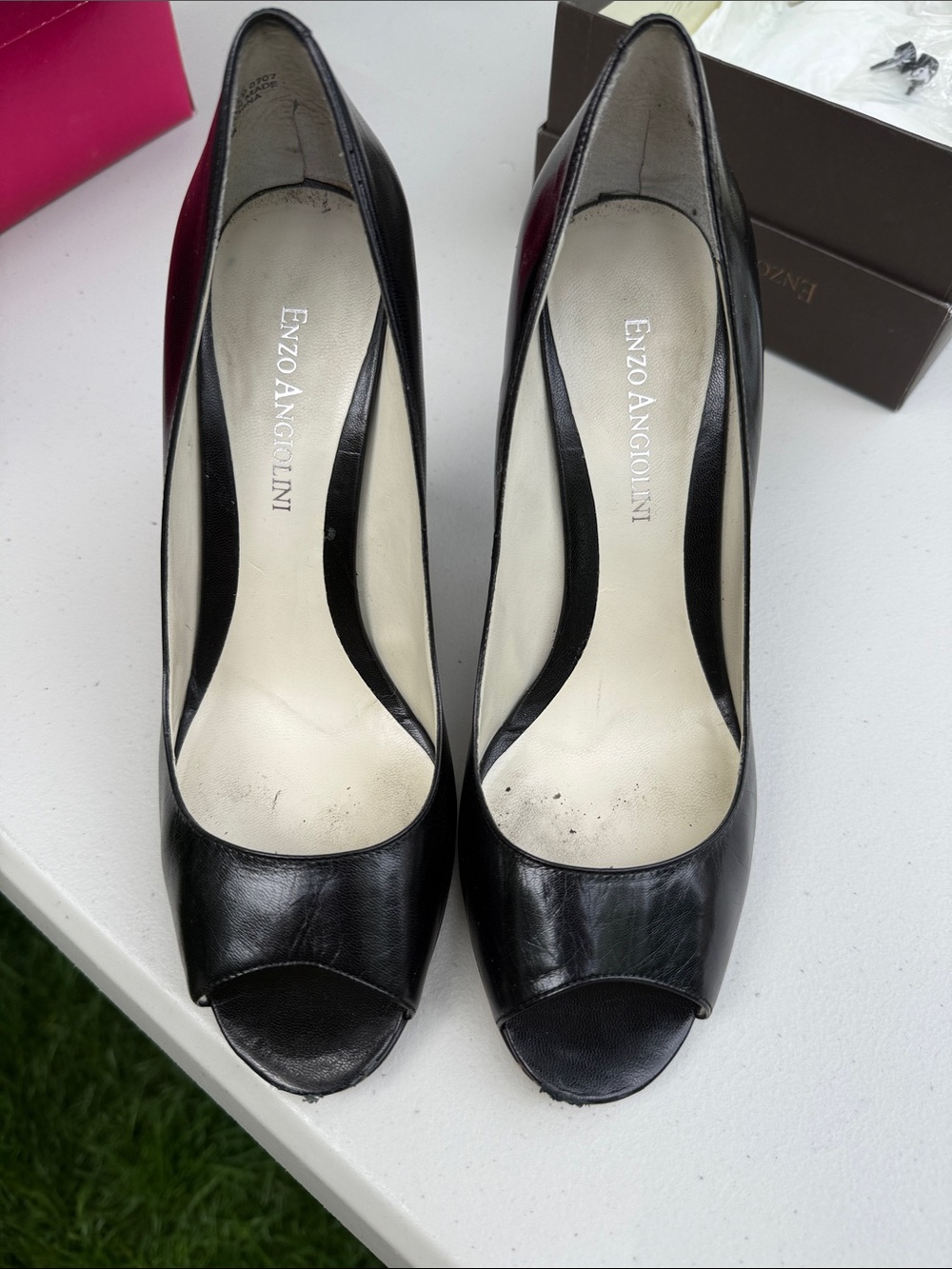 Enzo Angiolini Black Leather Peep-Toe Heels